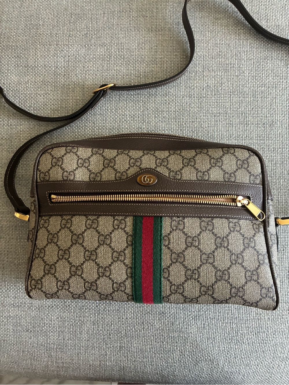Gucci Brown GG Supreme Canvas Crossbody with Green-Red Web Stripe